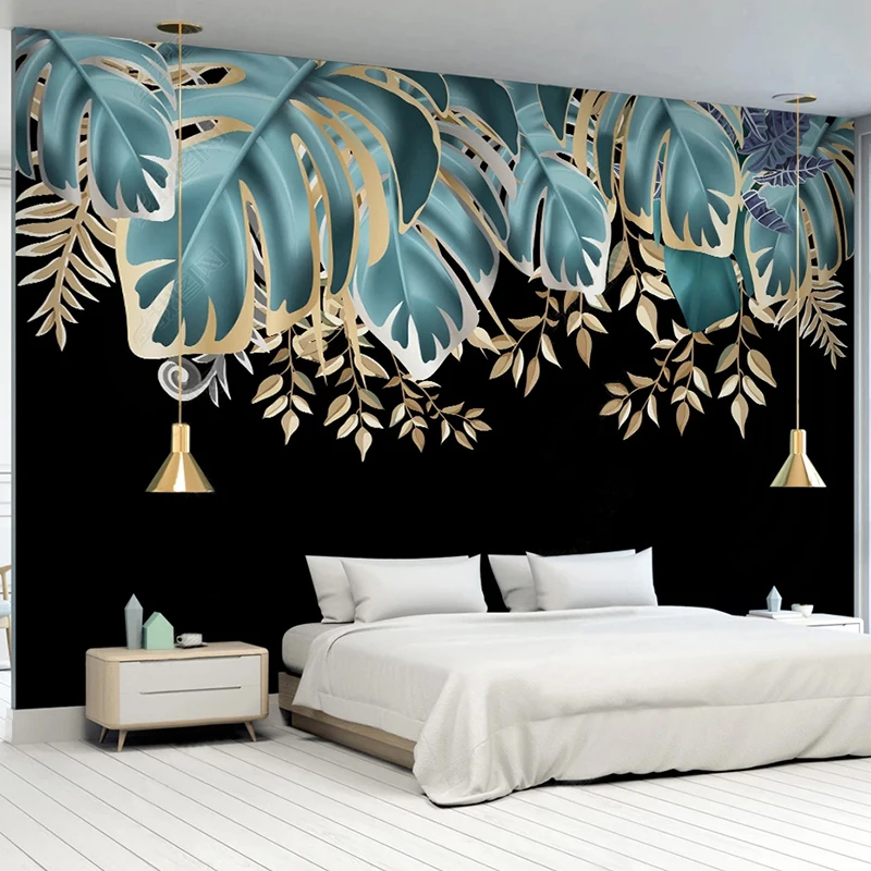 Custom Any Size Wallpaper Modern Nordic Style 3D Golden Tropical Plant Mural Living Room TV Background Wall Decoration Painting