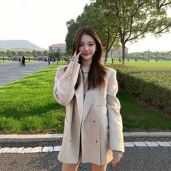 Luxury Elegant Faux Woolen Women's Coats Vintage Oatmeal Color Temperament Wool Suit Jackets Female Fashion Blazers Outerwears