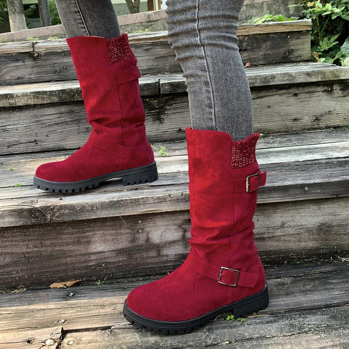 

Осенне-зимняя модная женская короткая плюшевая теплая обувь больших размеров для женщин, нескользящие ботинки до середины икры на платформе 36–42, зимние сапоги