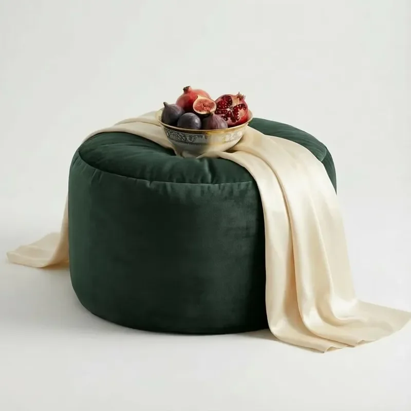 Round Velvet Footstool Soft Bean Bag Cushion Chair Luxury Home Furniture Green Linen Ottoman 35x35x25cm Comfortable Seating