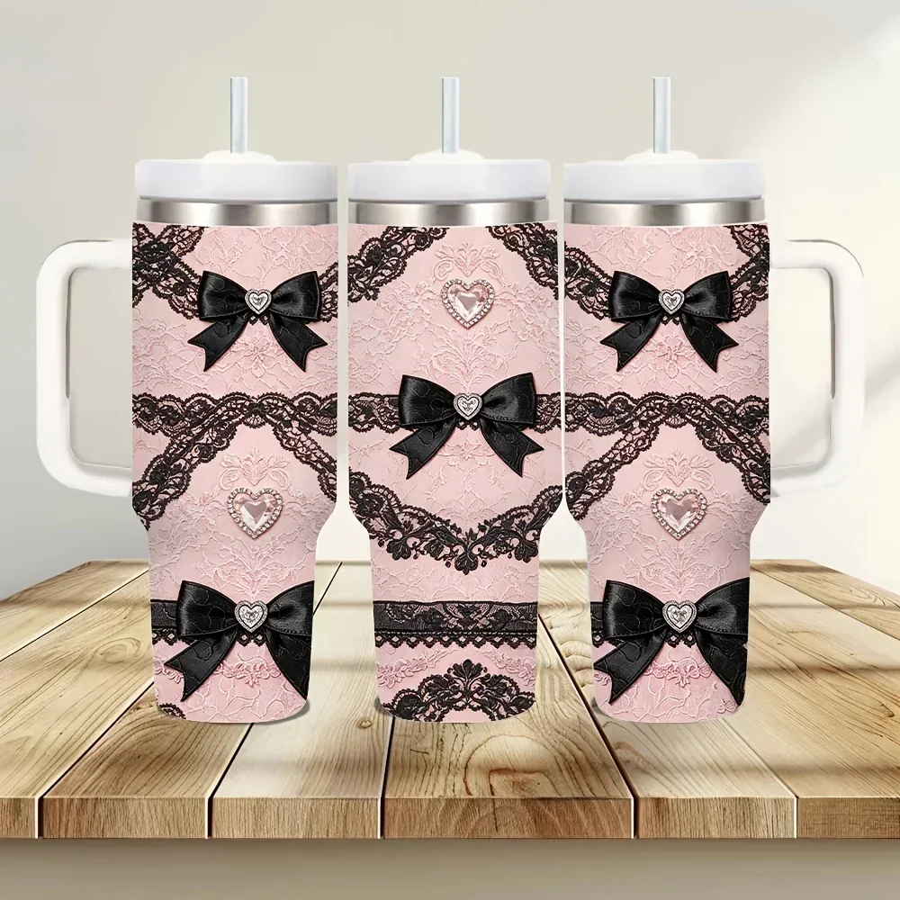 40oz Pink Lace Bow Heart Print Insulated Tumbler with Handle, Large Capacity, Suitable for Both Hot And Cold Drinks, Perfect for Women In Daily Use, Outdoor Travel And Indoor Office Scenes