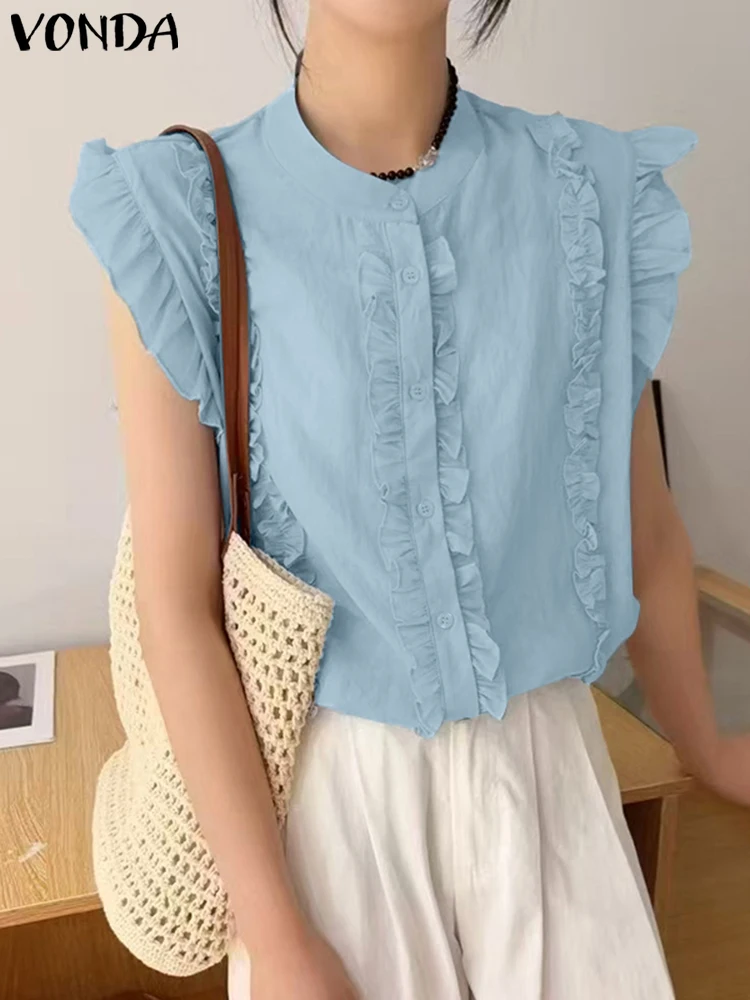 VONDA 한국 셔츠 여성 반팔 프릴 블라우스 2025 패션 버튼 솔리드 컬러 튜닉 탑 캐주얼 우아한 스위트 블라우스
