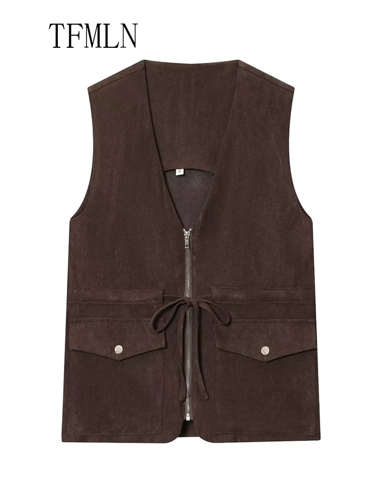 معاطف نسائية غير رسمية بسحاب موضة خريف 2025 على شكل حرف v بدون أكمام برباط أنيق ملابس الشارع الشهير جيوب عتيقة سترات متينة #2