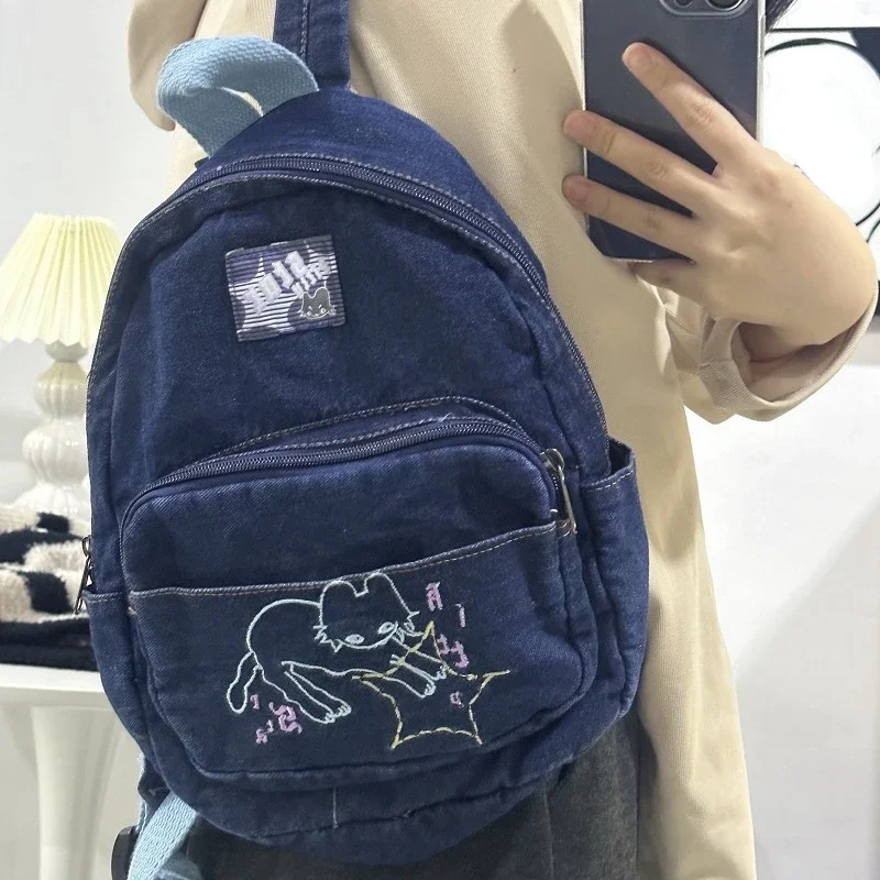 2024 New Denim Korean All Match Schoolbags Kawaii Women Students Vintage Trendy Backpacks Y2k Aesthetic Cartoon Preppy Handbags