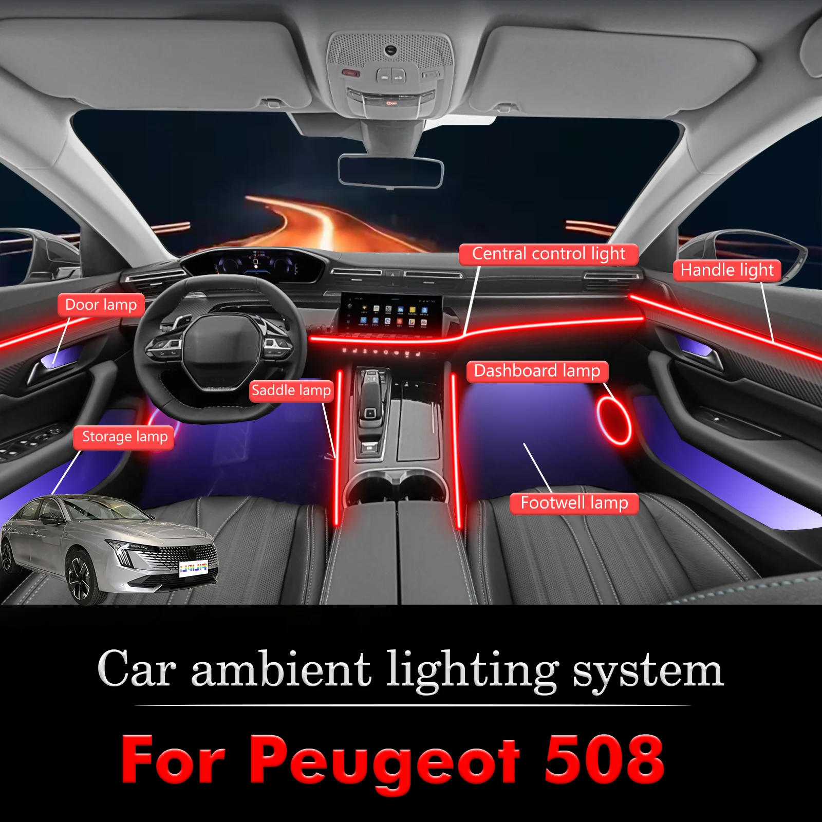 

For Peugeot 508 Smart Remote Control RGB 64 Colors LED Car Interior Ambient Light Energy Saving Efficient Lamp Kit