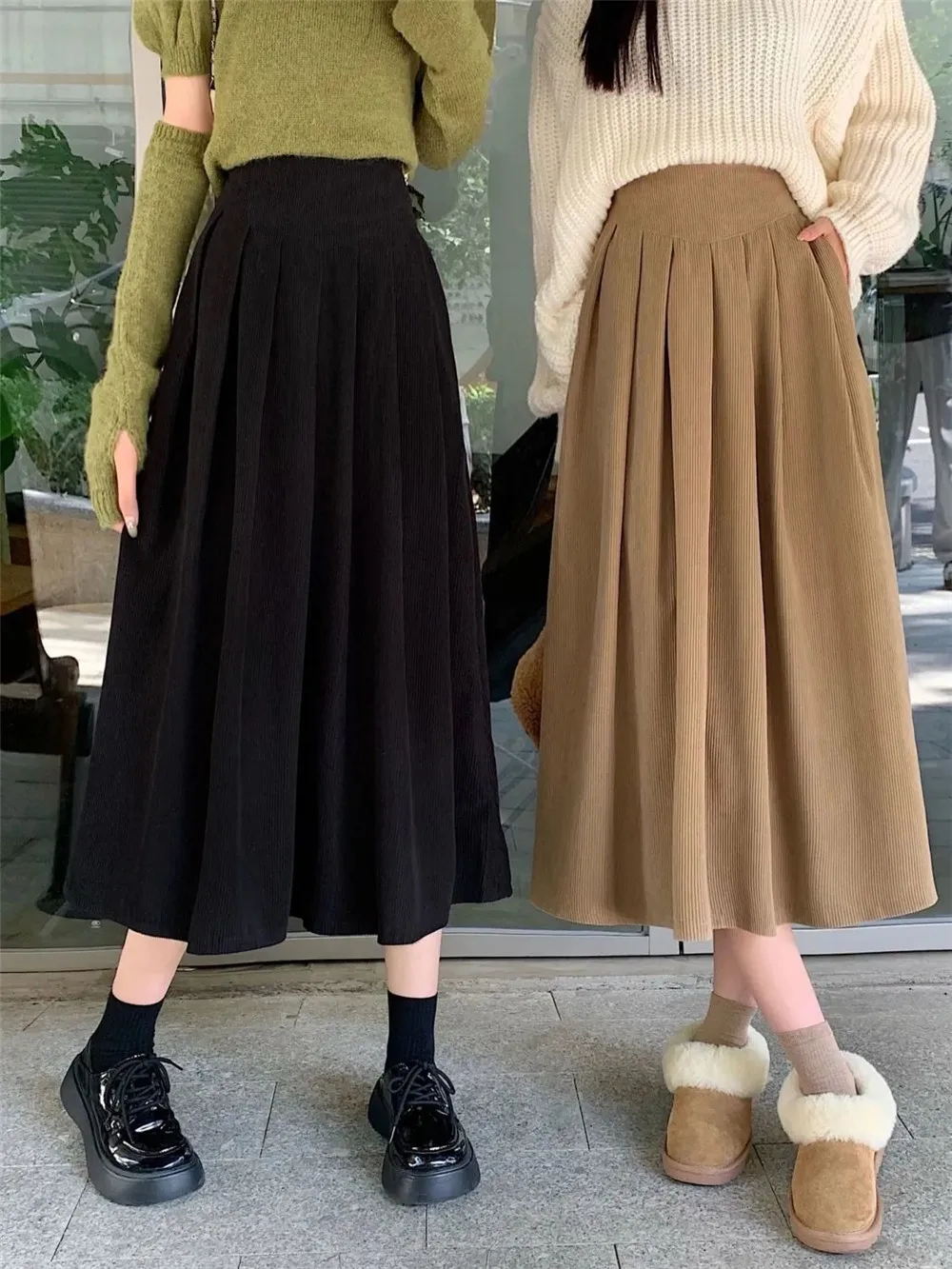 

Black Brown Pink Corduroy Pleated Skirt Women Autumn Spring High Waist Slim Versatile Mid-Length A-Line Long Skirt Streetwear