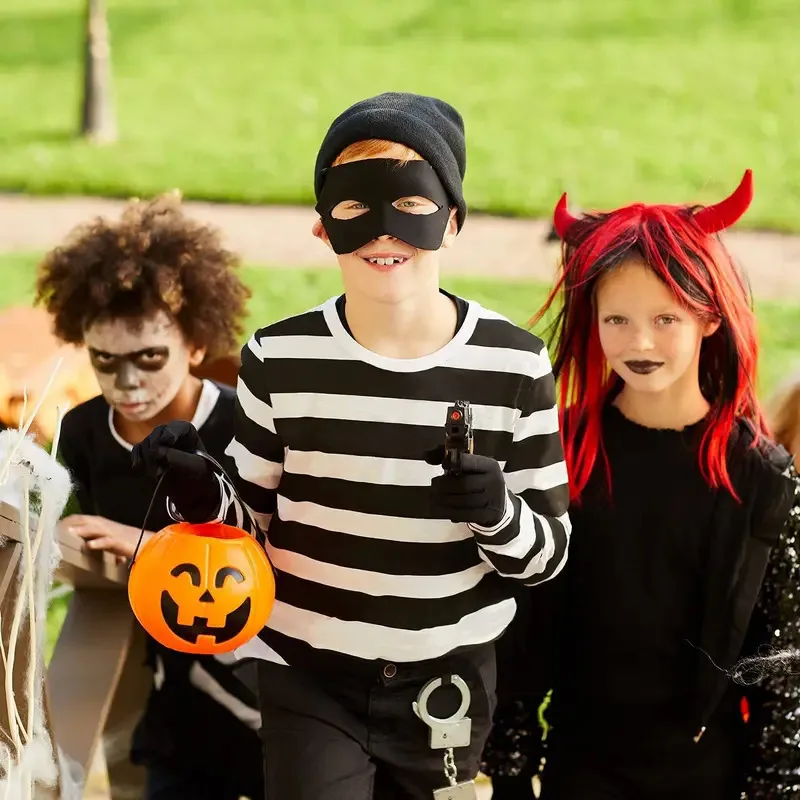 Halloween Thief Suit Long Sleeve Stripes T-shirt Canvas Bag Gloves Eye Mask Knit Hat Cosplay Costume