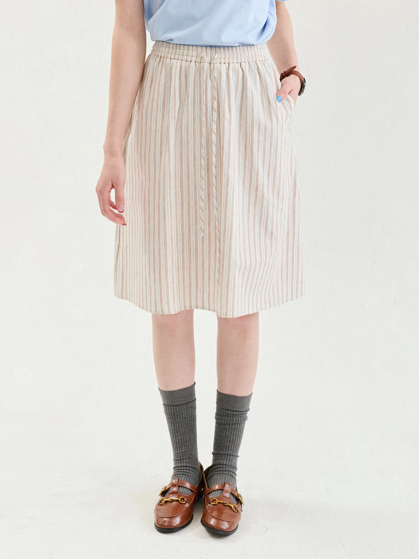 AMUU Original Retro Striped Waist A-Line  Skirt Women's Summer New Pocket Half-length Skirts Korean Style High Waist Cott...