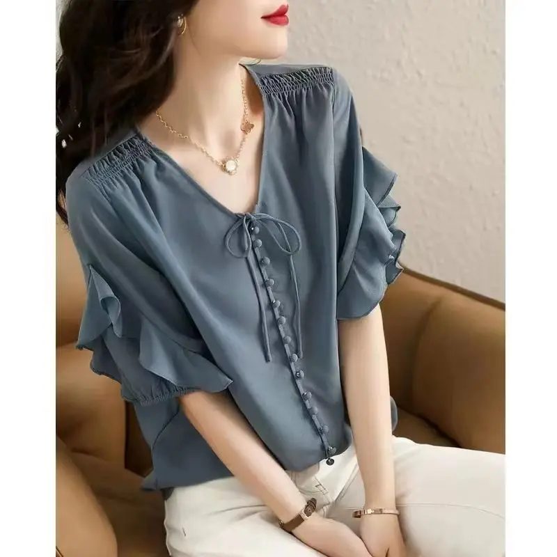 2024 summer New Short sleeved Chiffon Shirt for women\'s Beautiful Fashion Lace up Loose Slimming Ruffle Edge Versatile Top