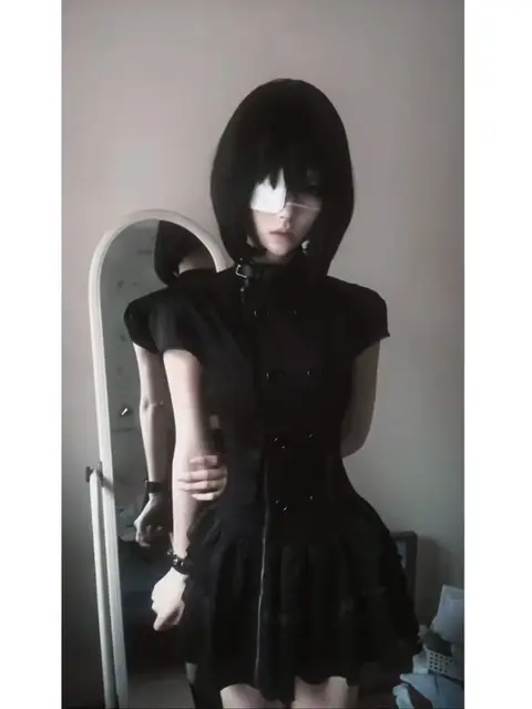 New Gothic Lolita Y2K Women's Mini Dress Double Breasted Striped Ruffle Hem Slim Fit Harajuku Dark Cute Night Out Streetwear 2 Gothic Lolita Y2K Women's Mini Dress Double Breasted Striped Ruffle Hem Slim Fit Harajuku – view 2