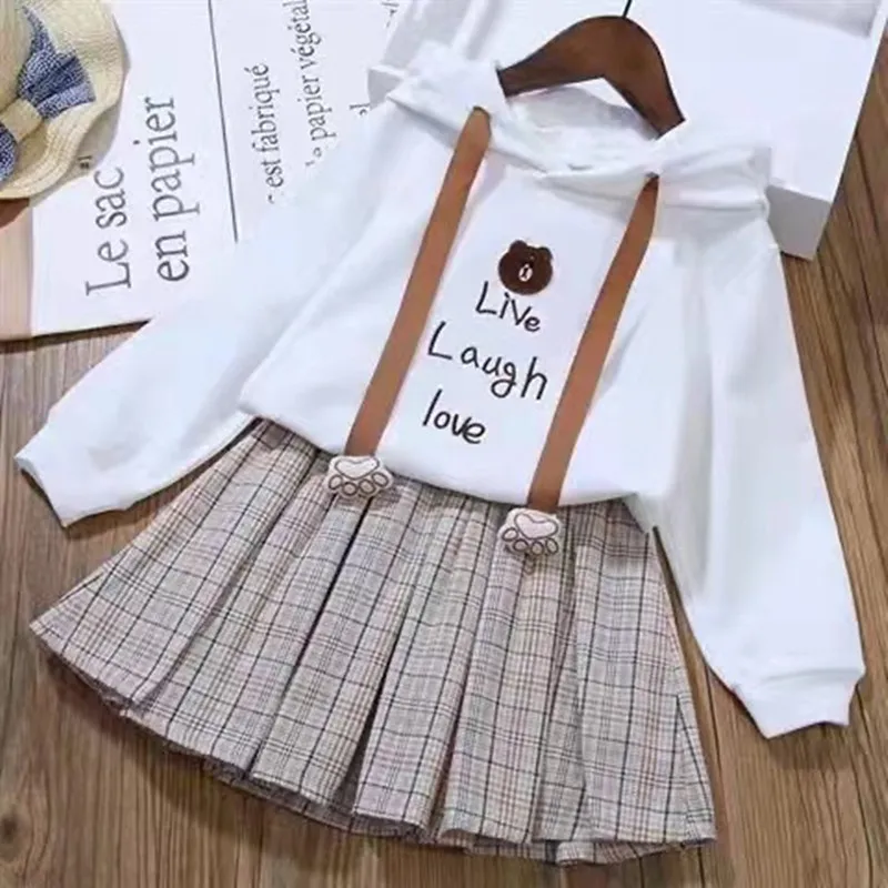 4 6 8 9 12 Years Girls Clothing Sets Cotton Cartoon Little Bear Hoodies + Pleated Skirt 2Pcs Suit For Children Birthday Present