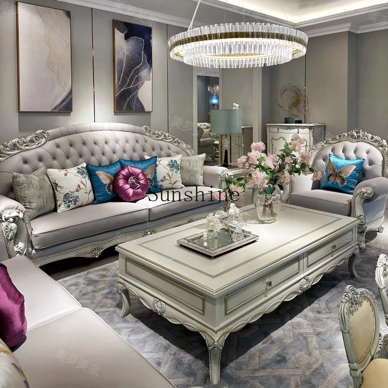 French retro solid wood flat-floor villa lotus leaf carved high-end leather straight-row sofa  FT