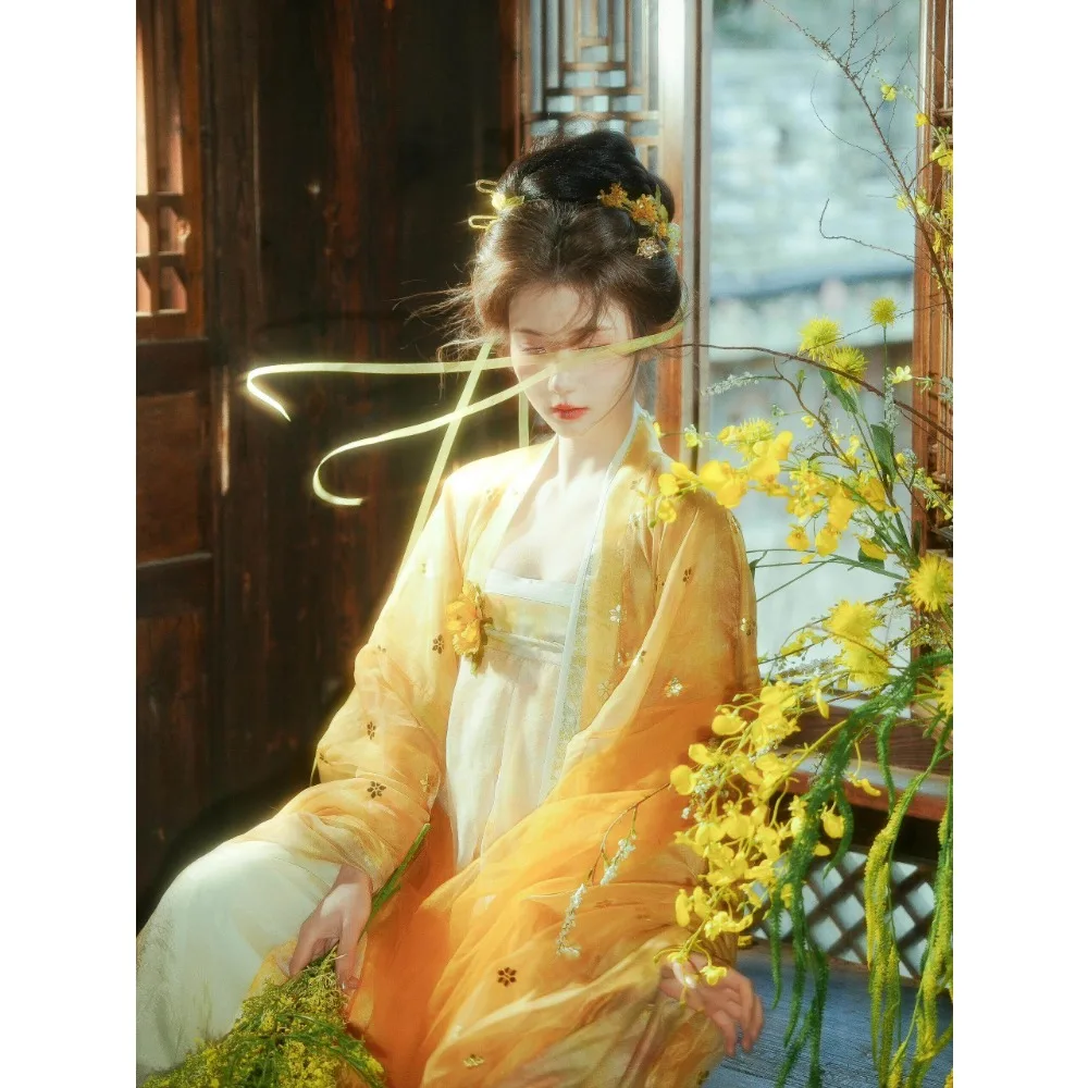 

Fairy fluttering Tang Dynasty balsam skirt, yellow tulle new Chinese hanfu women