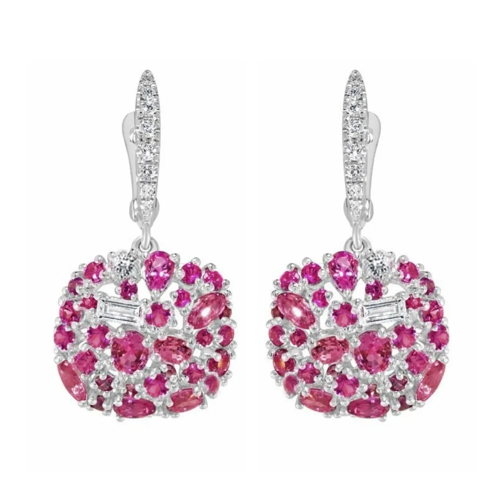Luxury Pink Sapphire 5A Zircon Hollowed-out Geometry Cluster Dangle Earrings for Women Engagement Bride Wedding Designer Jewelry