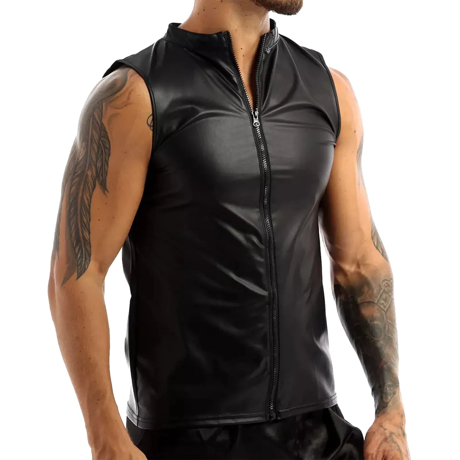 Men Hooded Tank Tops Wet Look Patent Leather Vest Male Sleeveless T-Shirt Zip Up Singlets Handsome Man Club Party Tee Tops