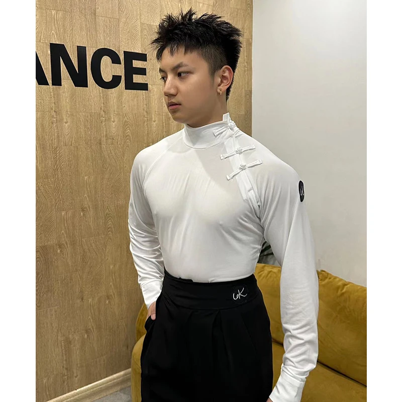 Men Latin Dance Clothes Long Sleeves White Black Tops National Standard Dance Performance Wear Rumba Ballroom Dance Tops NV21951