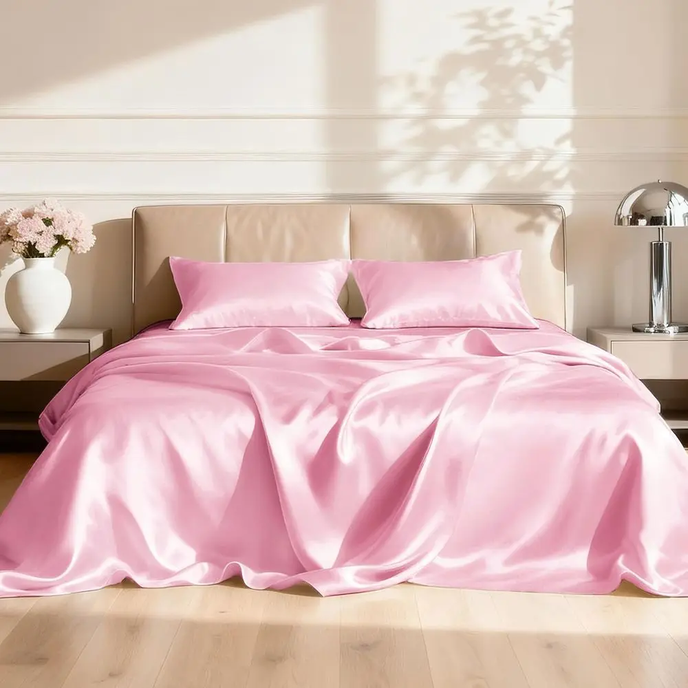 

4-Piece Pink Satin Sheet Set with Deep Pocket, Luxurious Silky Bedding (1 Flat Sheet, 1 Fitted Sheet, 2 Pillowcases)