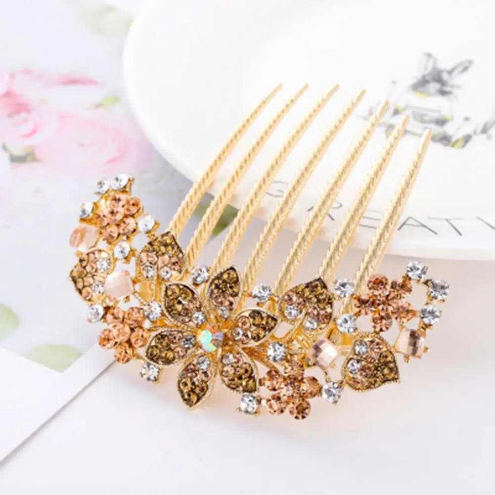 Headwear  Classic Rhinestone Hollow Out Flower Colorful Hair Ornament 7 Teeth Wedding Hair Clip Sturdy   for Dating