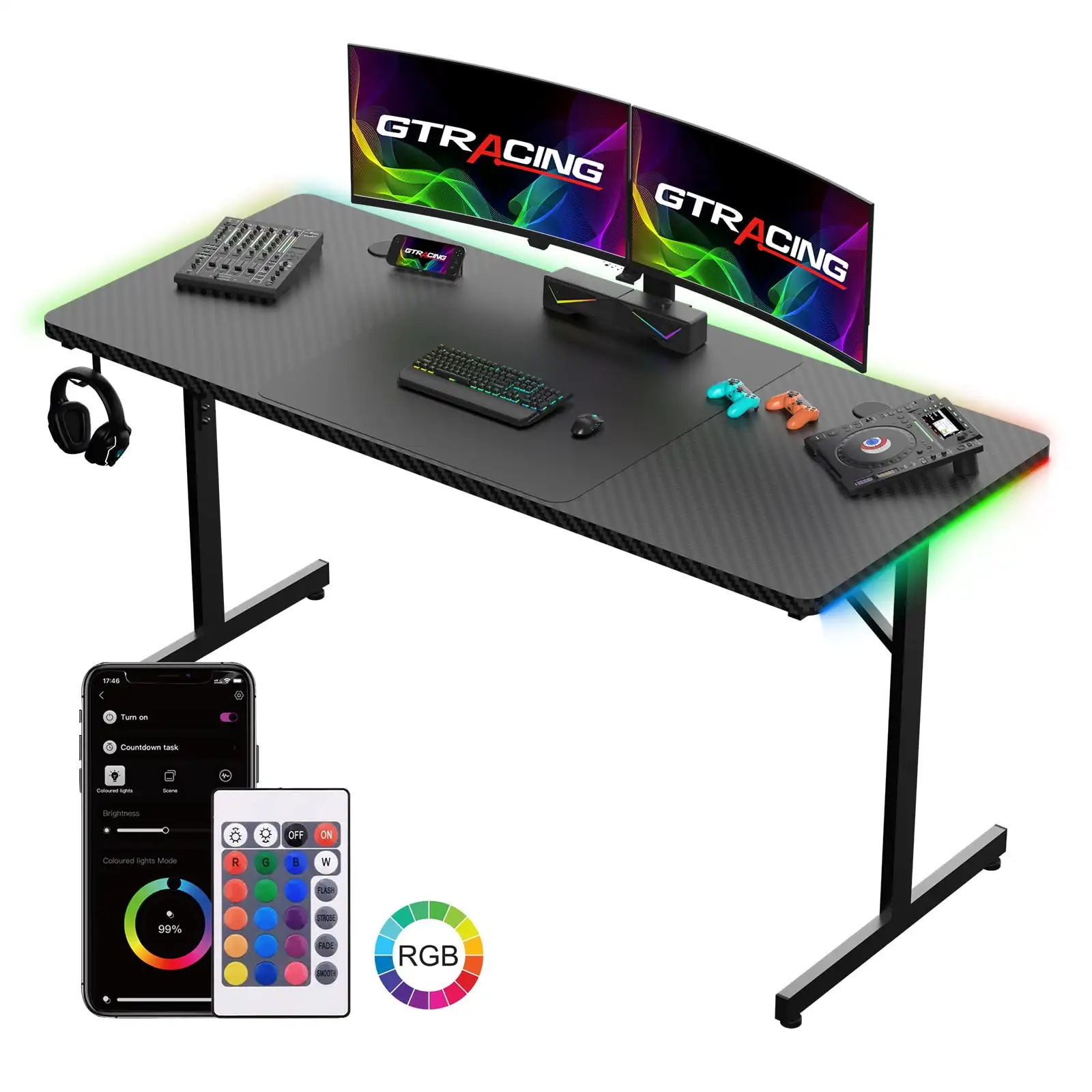 

55" Large RGB Gaming Desk with Mouse Pad T Shaped Office Chair Computer Desk Spacious Work Surface Table Black