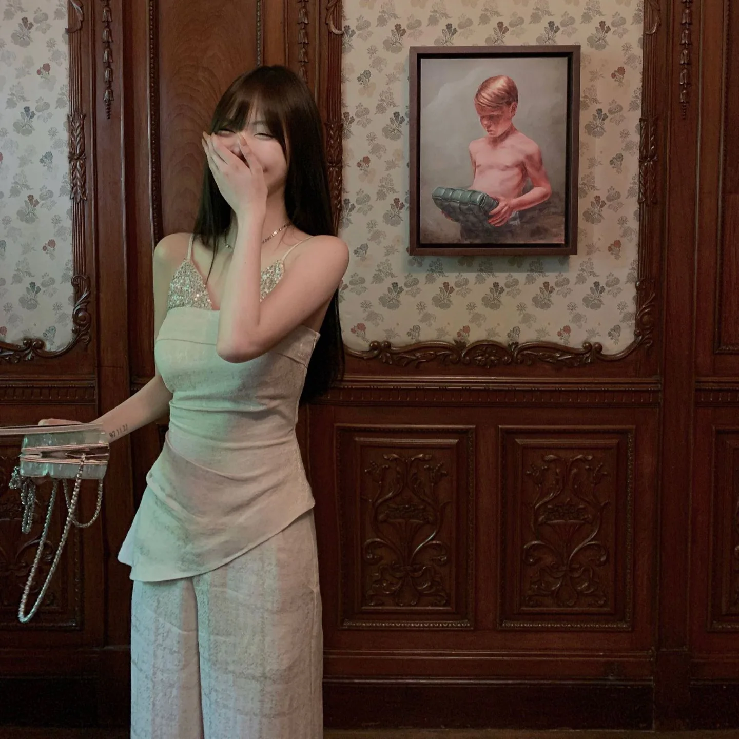 

Женский модный костюм для взрослых по индивидуальному заказу, ленивый стиль, изысканное ощущение, лоскутная майка с блестками, универсальный комплект брюк для похудения