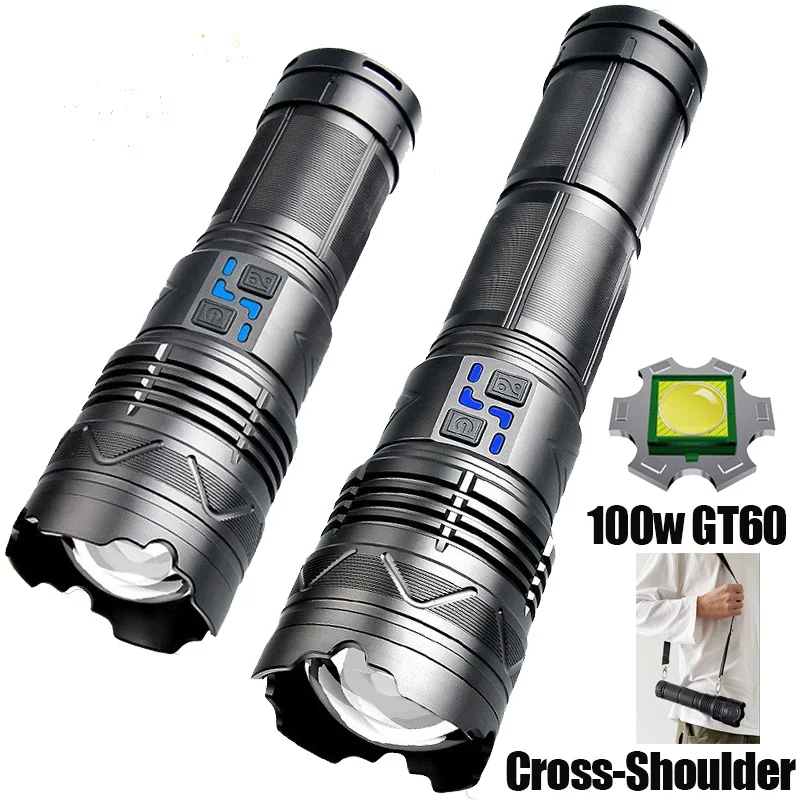 Powerful 30000W GT60 LED Flashlight Long Range 5000m Charging Zoomable Emergency Torch Outdoor Flashlight Power Display Function