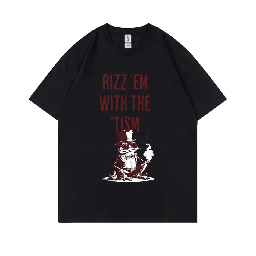 

Rizz Em with The Tism T-shirt Summer Frog Funny Meme Short Sleeve Joke Humor Tees Men Women Fashion Oversized Crewneck T Shirts