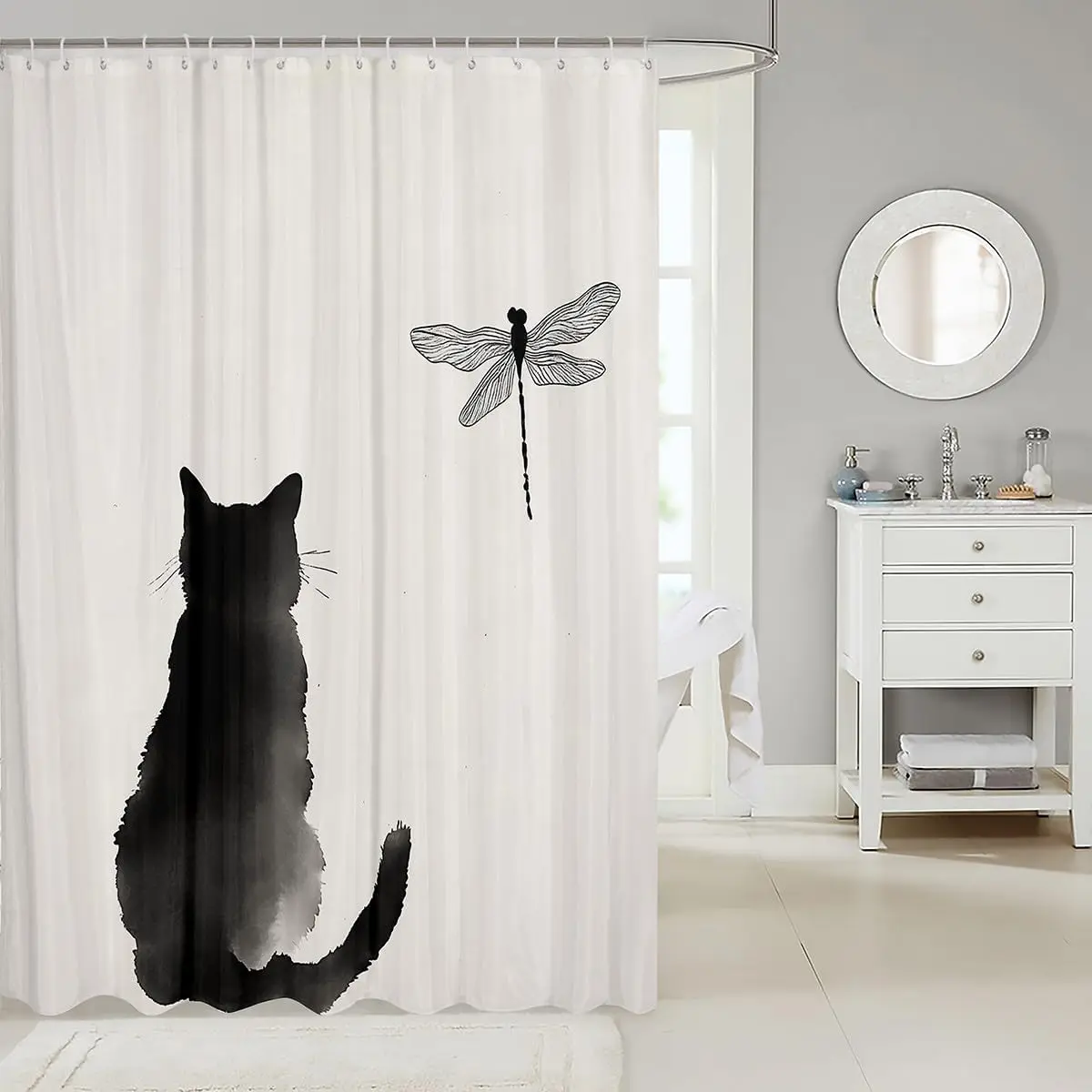Watercolor Cat and Dragonfly Print Shower Curtain for Modern Bohemian Bathroom Decor Home Accent Gift Curtain Liner