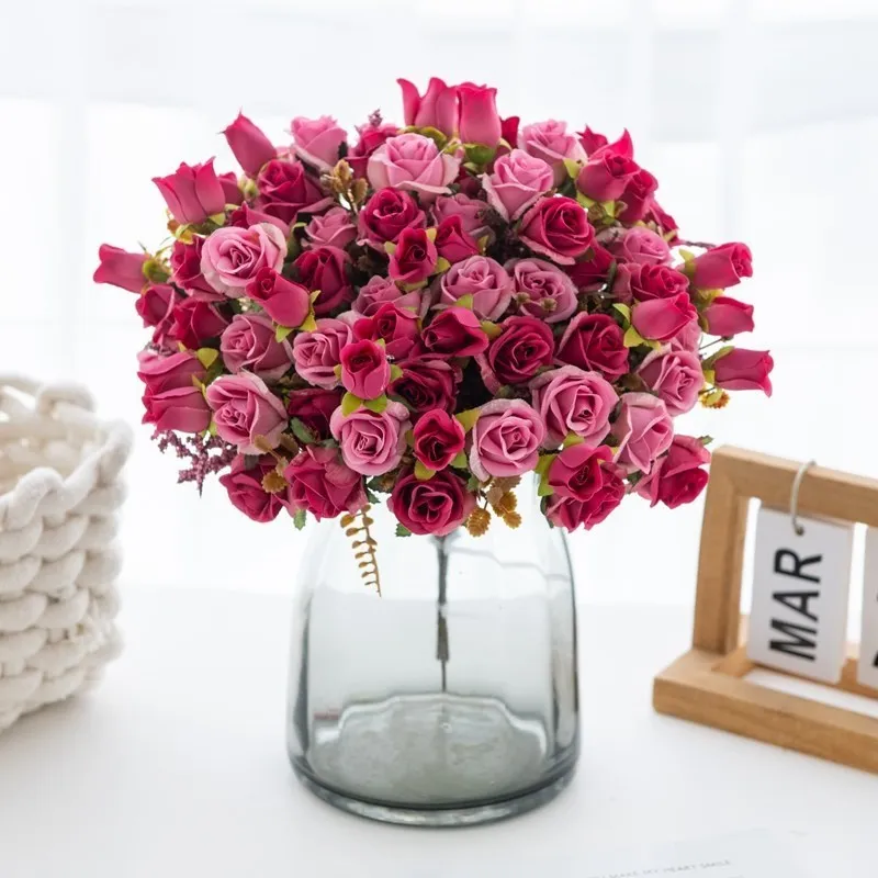 5 Gabeln, 15 Köpfe, künstliche Seidenblumen, Rose, Hochzeit, Brautstrauß, Festival-Dekoration, Zuhause, Raumarrangement, Blumenzubehör – Detail 6