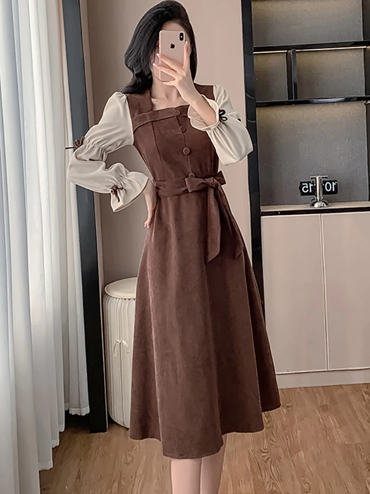 

Женское модное вельветовое лоскутное платье с длинным рукавом и квадратным воротником, осень-зима, элегантное бандажное платье, 2025 корейские облегающие платья