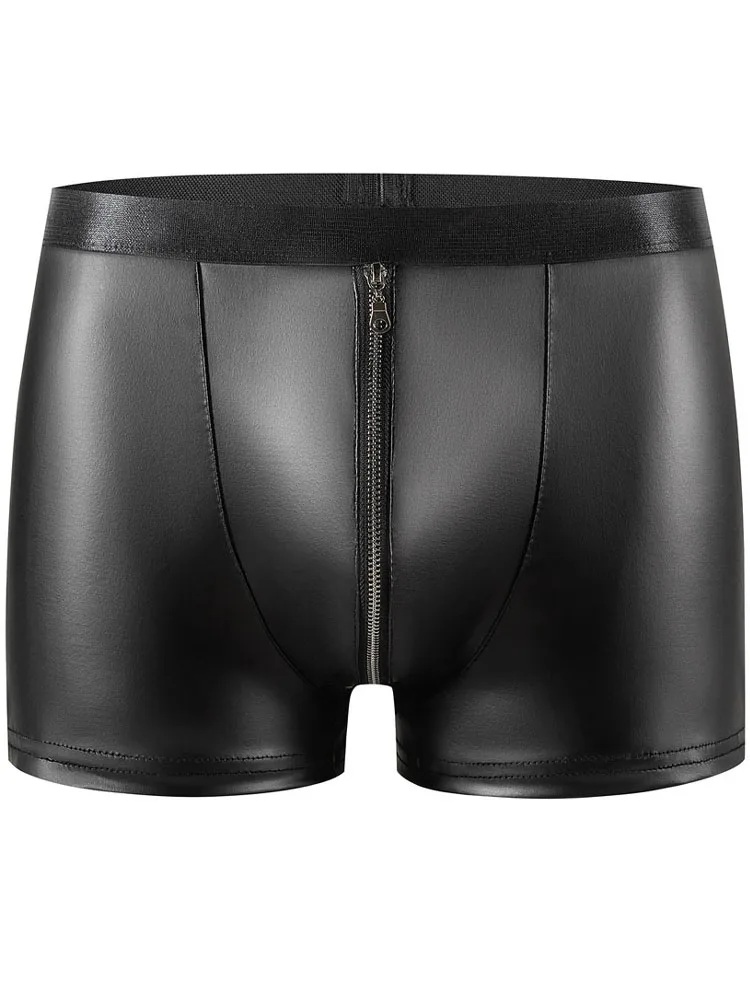 S-5XL Zipper Open Crotch Boxer Shorts Faux PU Leather Convex Pouch Mens Boxershorts Calzoncillos Swimming Trunks Sexy Unerwear