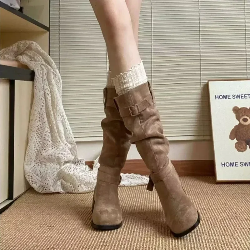 2024 Spring and Autumn High Quality Women\'s Shoes Fashionable Round Toe Medium Heel Solid Color Suede Sleeve Women\'s High Boots