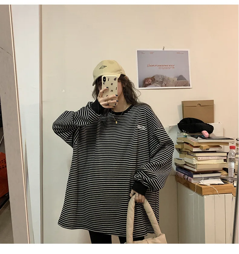 2026 Y2k New Arrivals T Shirt Women O-neck Stripe T-shirt Long Sleeved Sweatshirt Korean Fashion Top Tee Shirt Clothes Woman