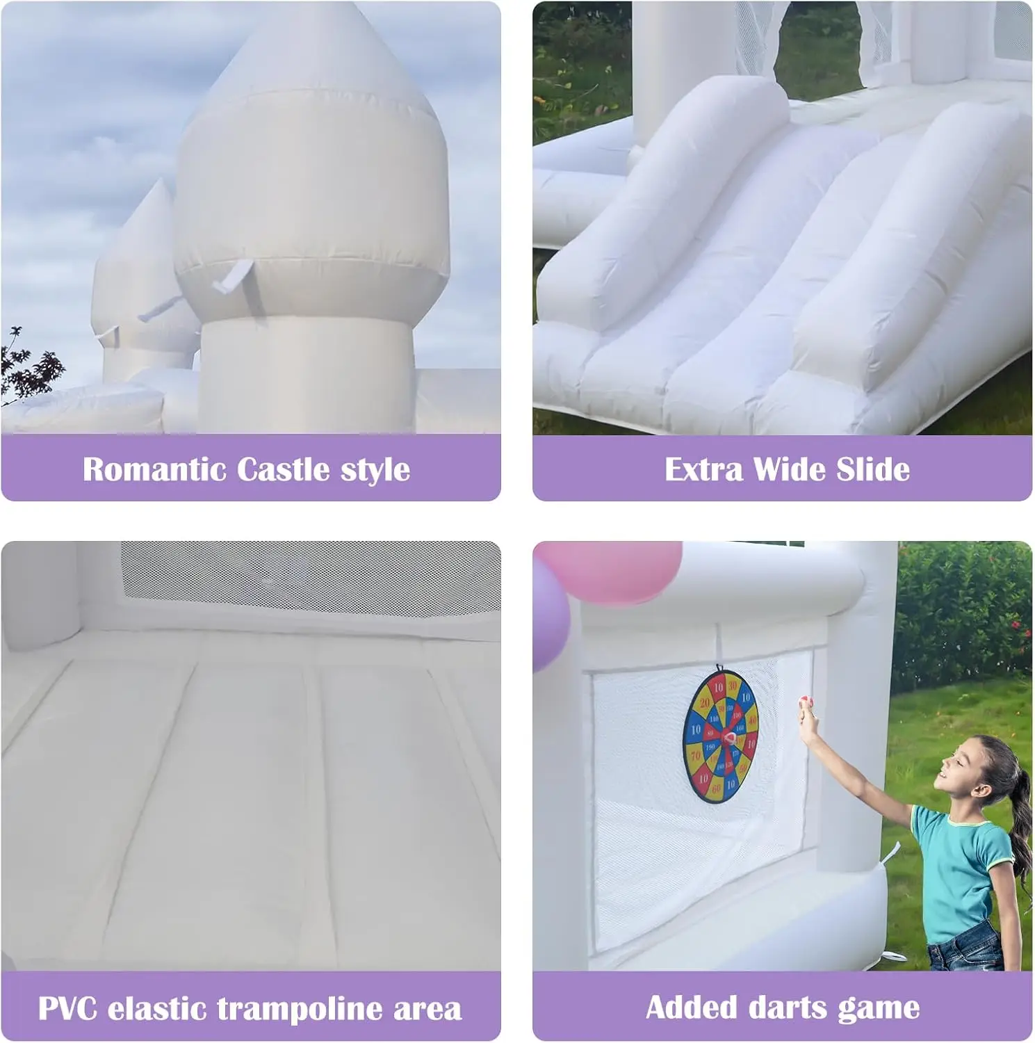 Wit bruiloft opblaasbaar springhuis met ventilator springhuis met glijbaan voor kinderfeest bruiloft familie kasteel 9ftL×9ftW×7ftH
