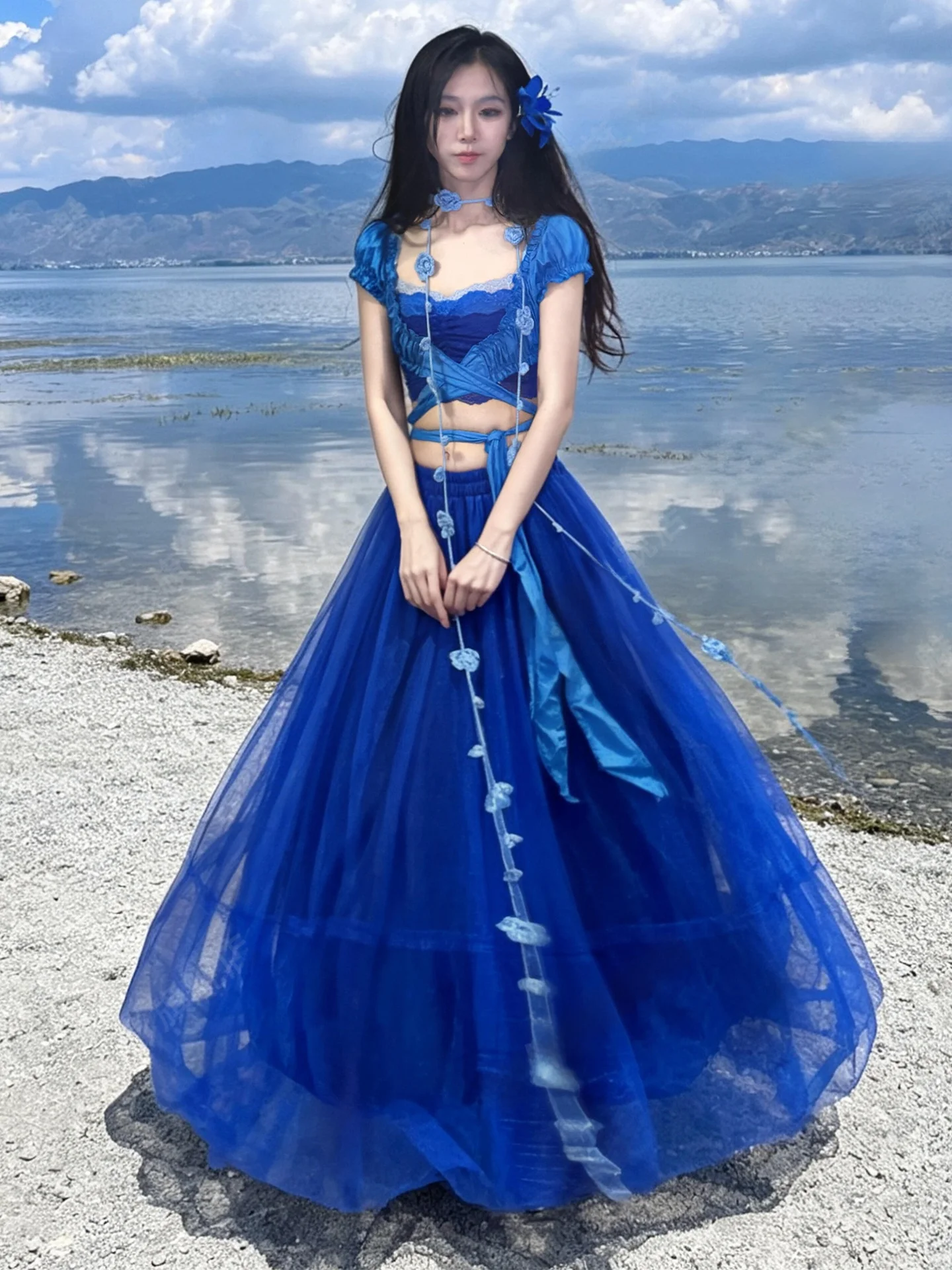 

Romantic Klein Blue High Waist Tulle A-Line Puffy Skirt Half-length Slimming Beautiful Skirt for Women Girls Commute Casual