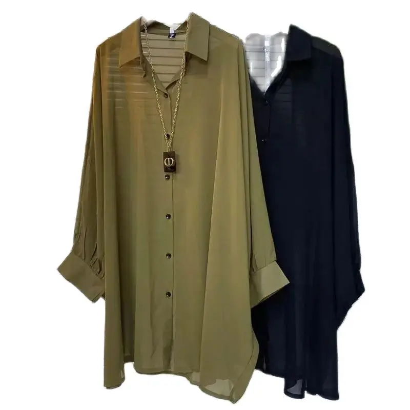 

Весенне-осенняя женская рубашка средней длины, новинка 2025, модная свободная повседневная рубашка большого размера с солнцезащитным кремом, однотонная женская блузка на пуговицах