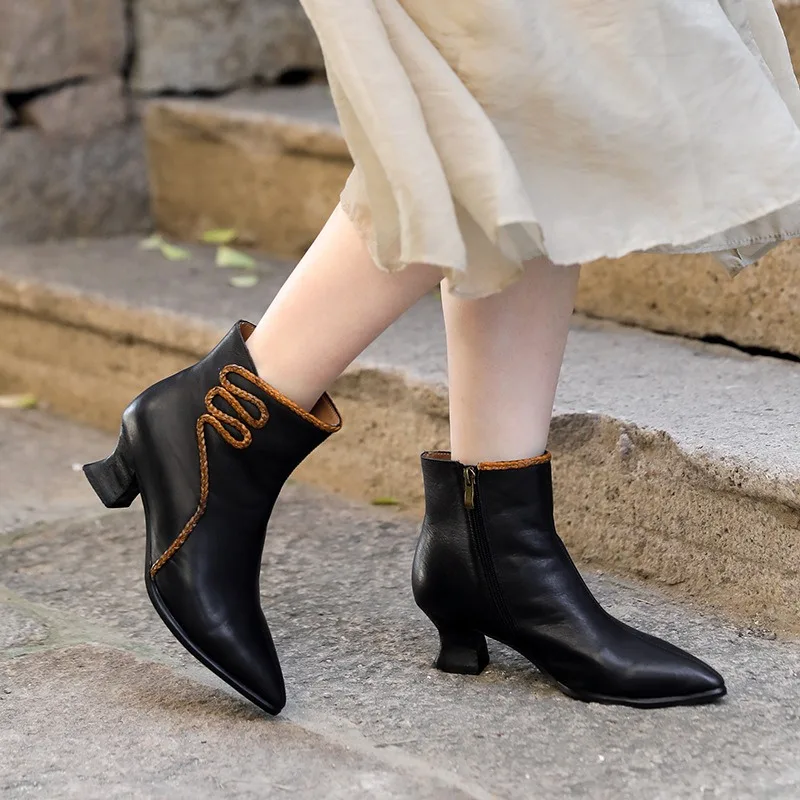 Birkuir Retro Pointed Toe Short Boots For Women Female Side Zip High Top Shoes Genuine Leather Luxury Soft Sewing Chelsea Boots image 3