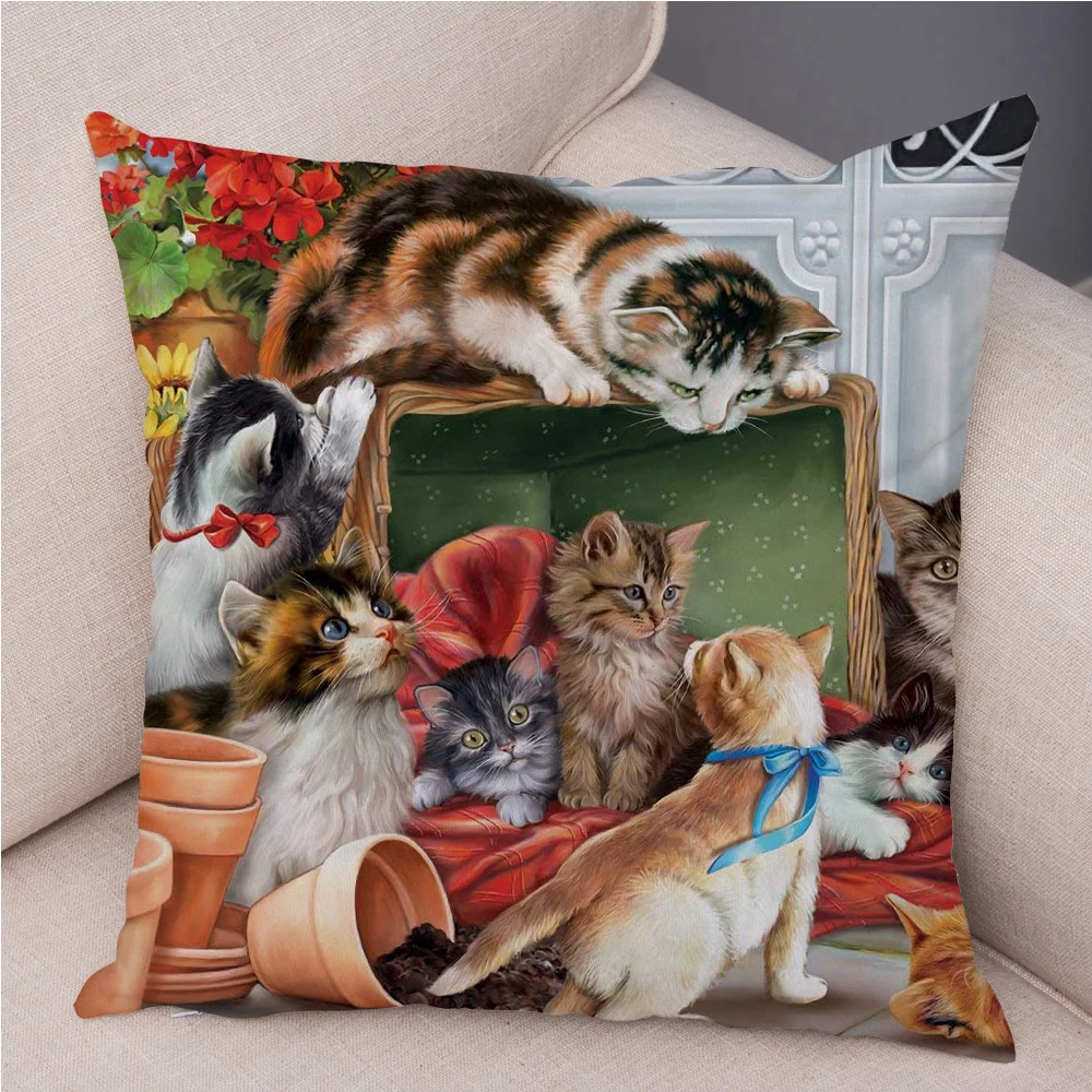 Cartoon Library Books Cat Print Pattern Cushion Cover Home Living Room Sofa Decoration Square Polyester Pillow 