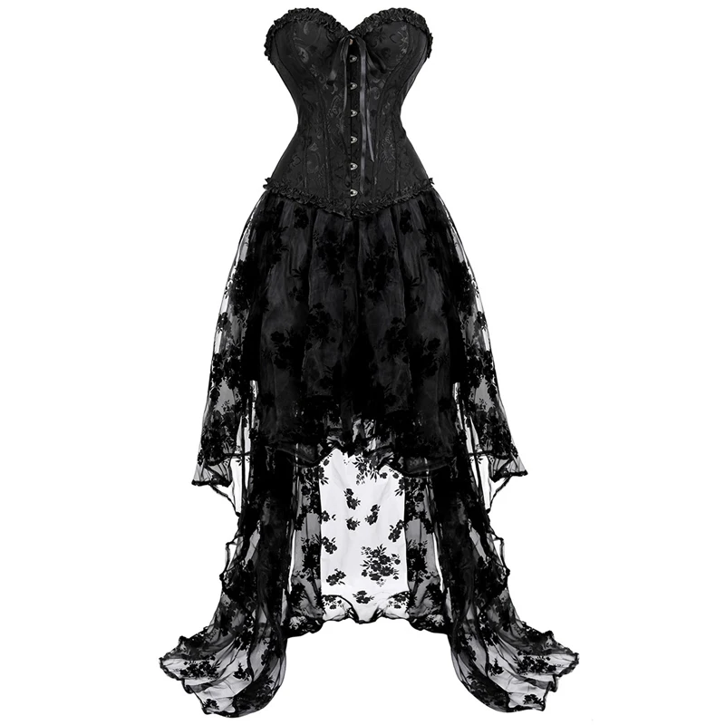 Corset Dress High and Low Skirt Tulle Long Lace Corset Bustier Plus Size Gothic Masquerade Costume Gown Korsett Sexy Black 6xl