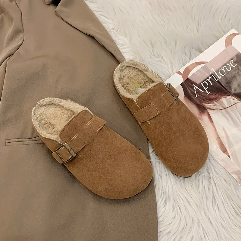 Women Slippers Fleece Lined Birken Style Mules Metal Buckle Suede Warm Winter Backless Flat Slip On Retro Casual Shoes