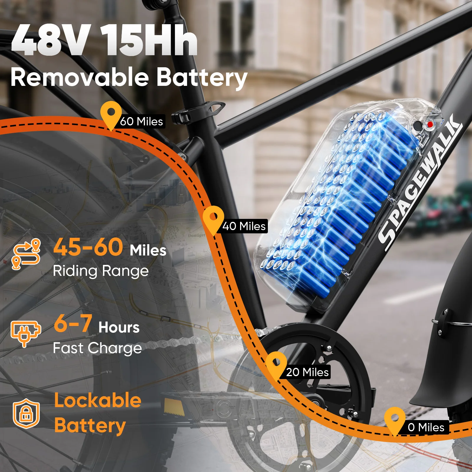 Spacewalk 1500W Peak Motor Electric Bike for Adults 26"x4.0 Fat Tire E-Bike, 48V 15Ah Removable Battery, 28MPH Fast Speed, 60 Miles Range, NFC Unlock, Front Suspension, 7-Speed Mountain Ebike with Rear Rack view 3