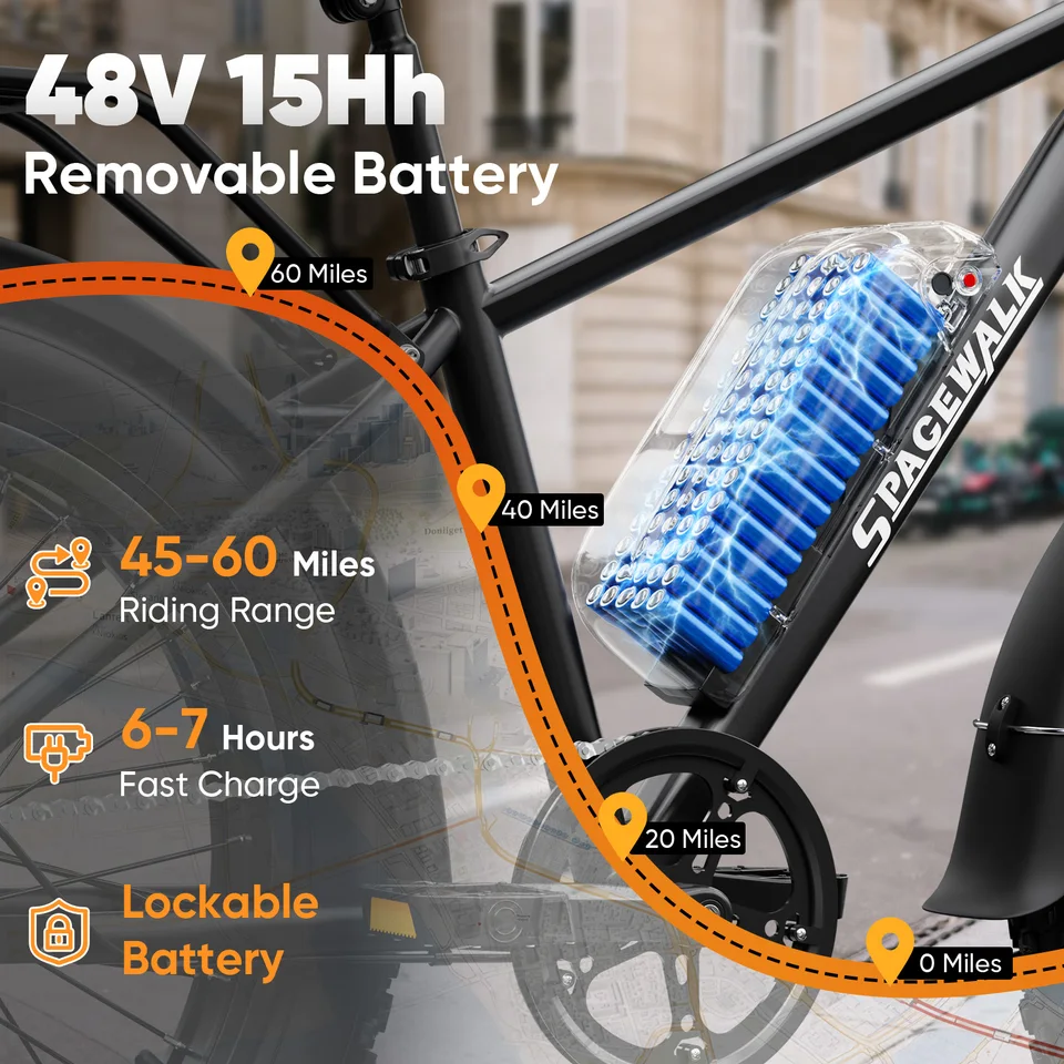 Spacewalk 1500W Peak Motor Electric Bike for Adults 26"x4.0 Fat Tire E-Bike, 48V 15Ah Removable Battery, 28MPH Fast Speed, 60 Miles Range, NFC Unlock, Front Suspension, 7-Speed Mountain Ebike with Rear Rack image 5