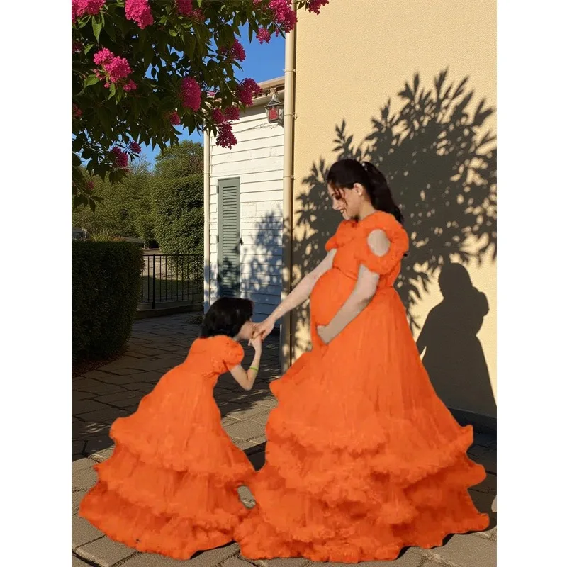 

Matching Maternity Baby Dresses - Layered Ruffle Tulle Gowns with Hollow-Out Shoulder Design - Mother Daughter Photoshoot Outfit