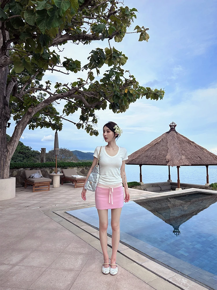 

FORNIYOYO Confion Mage Двухцветная эластичная вязаная юбка с вышивкой на талии, женская повседневная юбка А-силуэта