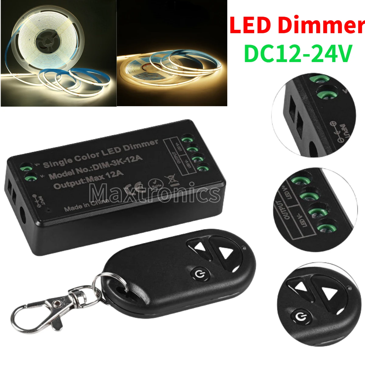 DC12-24V 3-Key LED Dimmer Controller 12A 1CH with RF 433Mhz Wireless Remote Control for LED COB Single Color Light Strip Lamps