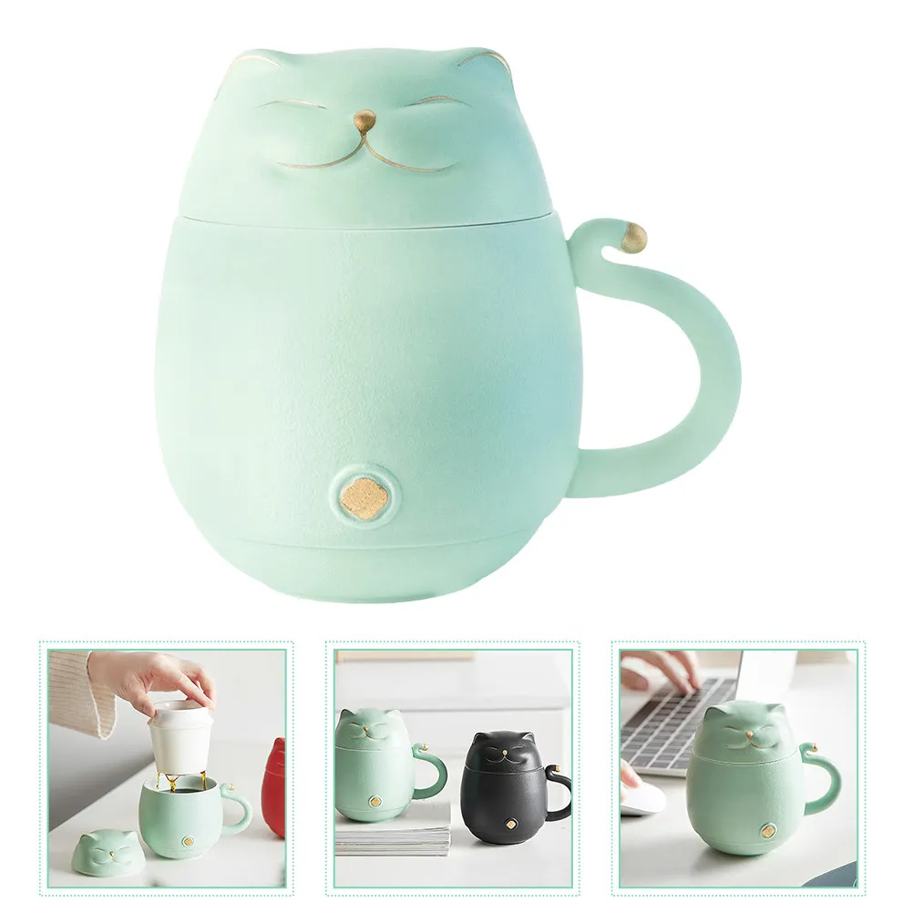 

Керамическая кружка для кофе с дизайном кошки, с крышкой и заварником для чая, милая чашка для воды с котенком для офиса, дома, ежедневного использования, подарок, очаровательная чашка для чая