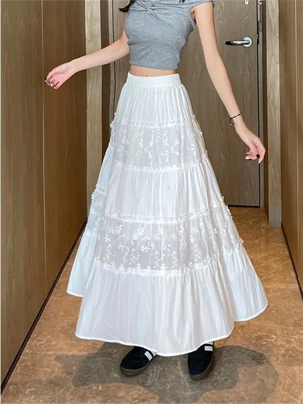 Summer 2026 New High Waist Lace Draped Beautiful White Half Skirt Long Girls Trendy Slimming Long Dress Korean Style Elastic ...