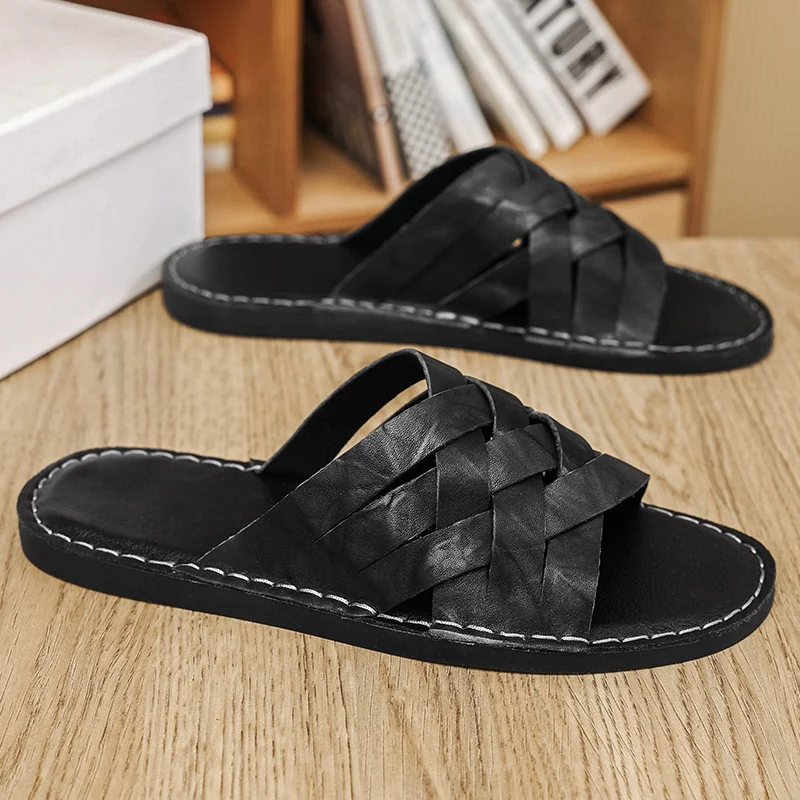 Large Size 2026Handmade Leather Men's Slip-On Flats Lightweight Summer Beach Walking Shoes Outdoor Flip-Flops for Male Half Drag