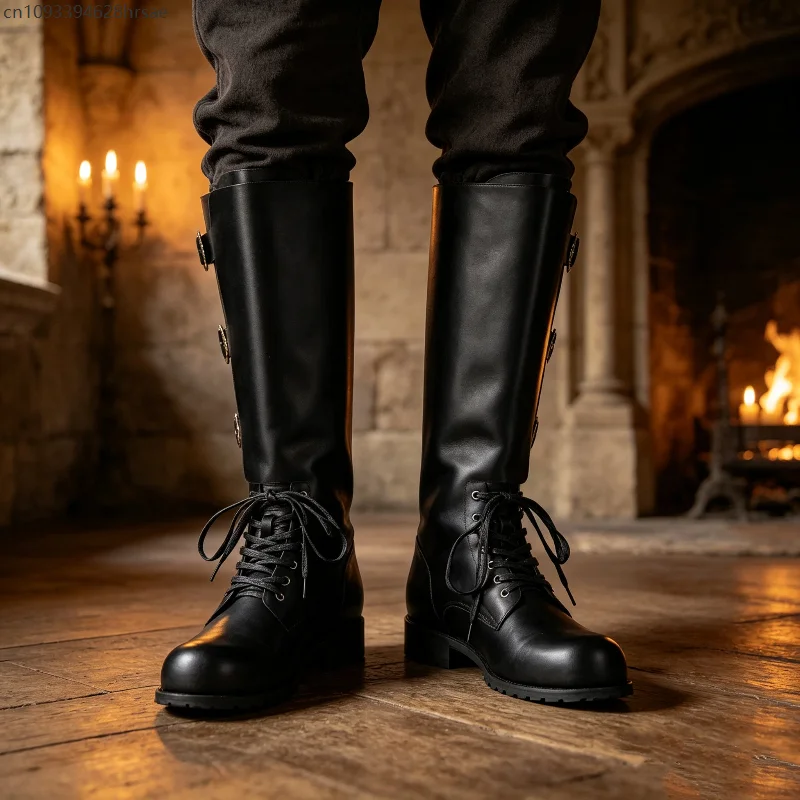 Medieval Renaissance Knight Boots PU Leather Multi Metal Buckle Lace‑Up Long Boots Pirate Warrior Cosplay Costume Men Shoes