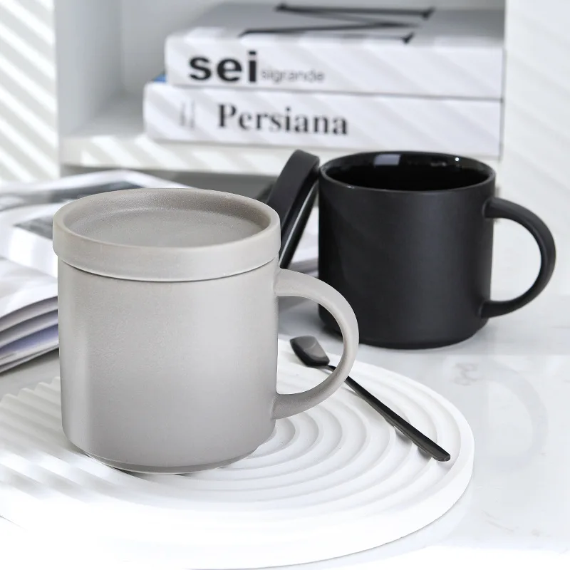 

450ml Nordic Modern Simple Ceramic Mug With Lid Creative Matte Glazed Coffee Shop Hotel Restaurant Solid Color Cylindrical Cup