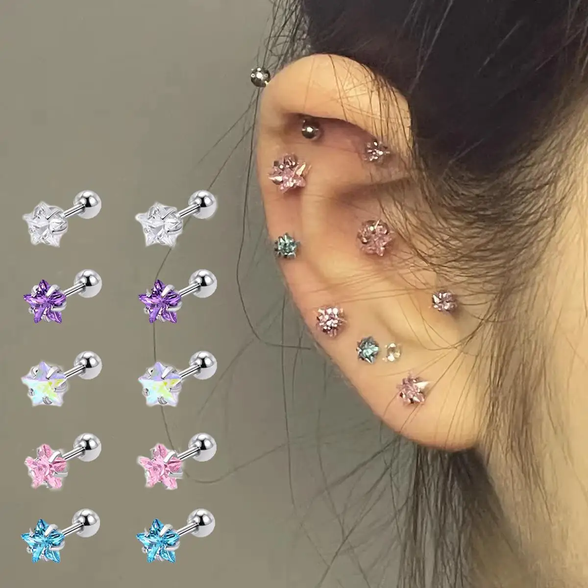 2pcs Fashion CZ Star Screw Back Stud Earrings for Women Men Sweet Stainless Steel Cartilage Helix Ear Piercing Party Jewelry